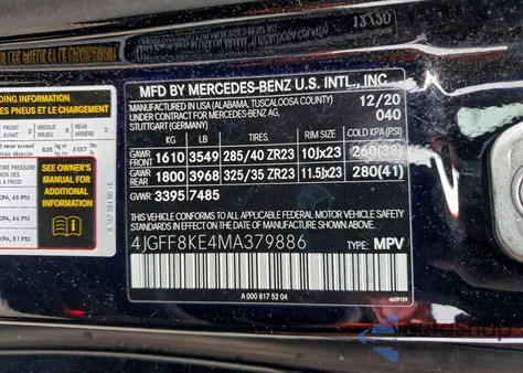 2021 Mercedes-Benz Gls 63 Amg 4Matic z USA, uszkodzony, nr VIN 4JGFF8KE4MA379886